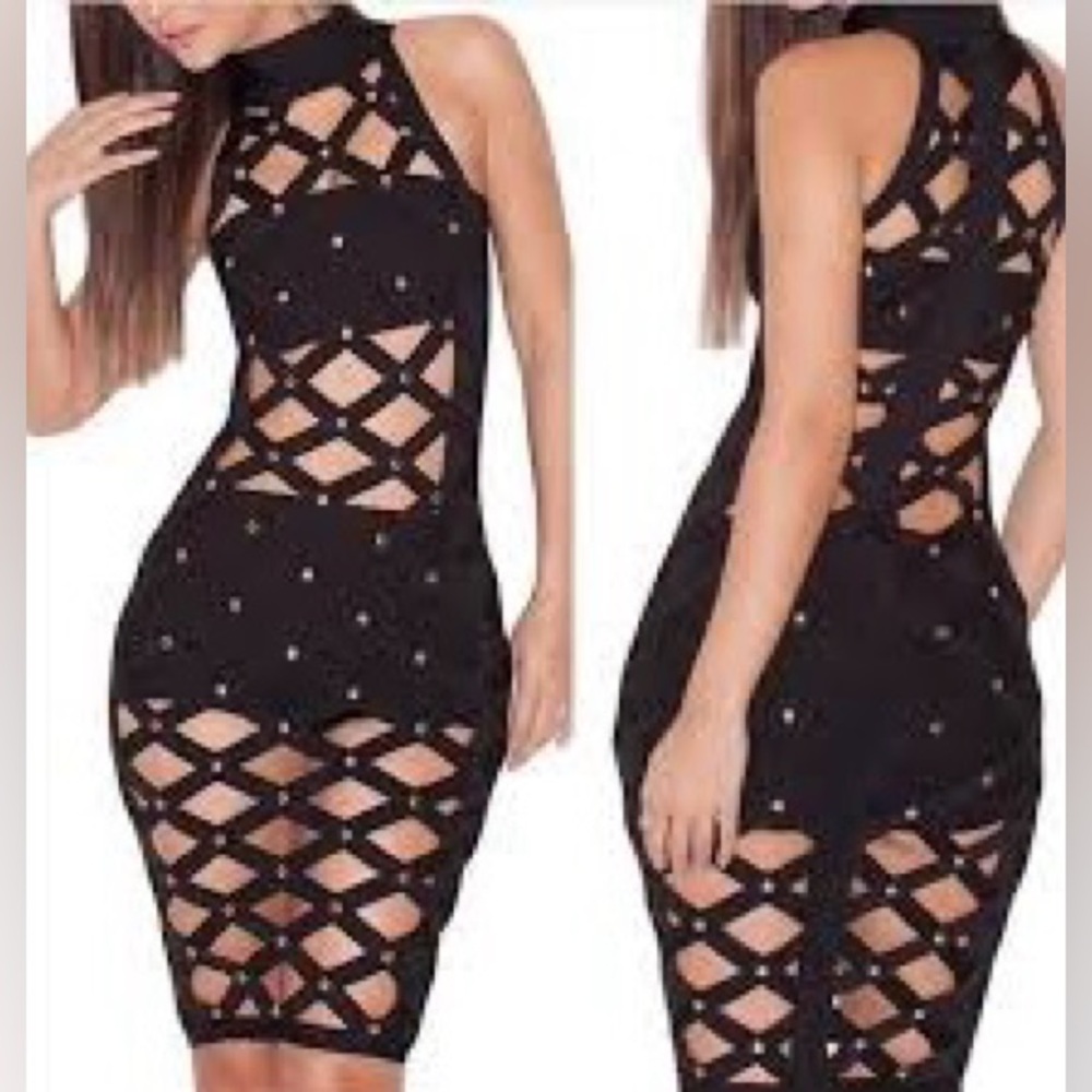House of CB Black Lattice-Detail Midi Dress